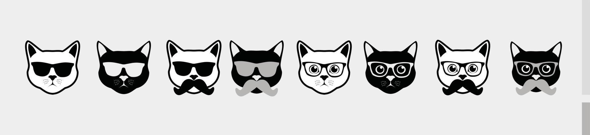 Katze Gesicht Kopf Schwarz-Weiß-Set - Silhouette Cartoons Emoticon-Symbol isoliert auf weißem Hintergrund vektor
