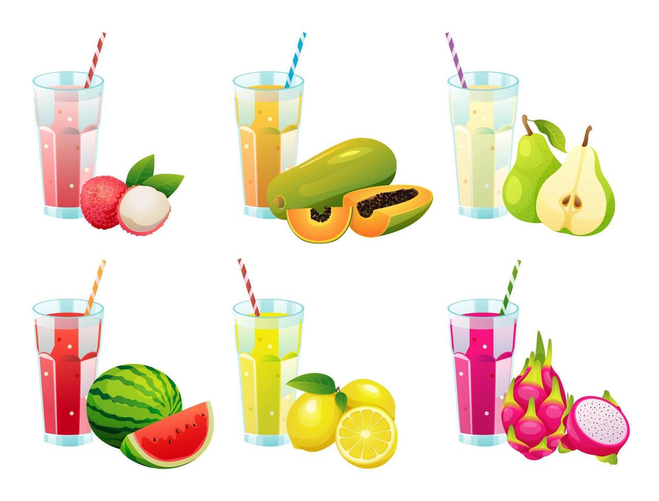 uppsättning av olika färska fruktjuicer i glas illustration vektor