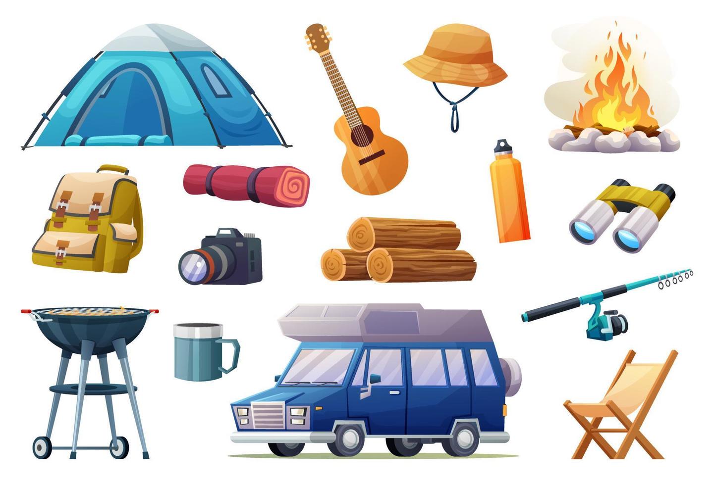 uppsättning av camping rekreation verktyg och utrustning i tecknad stil vektor