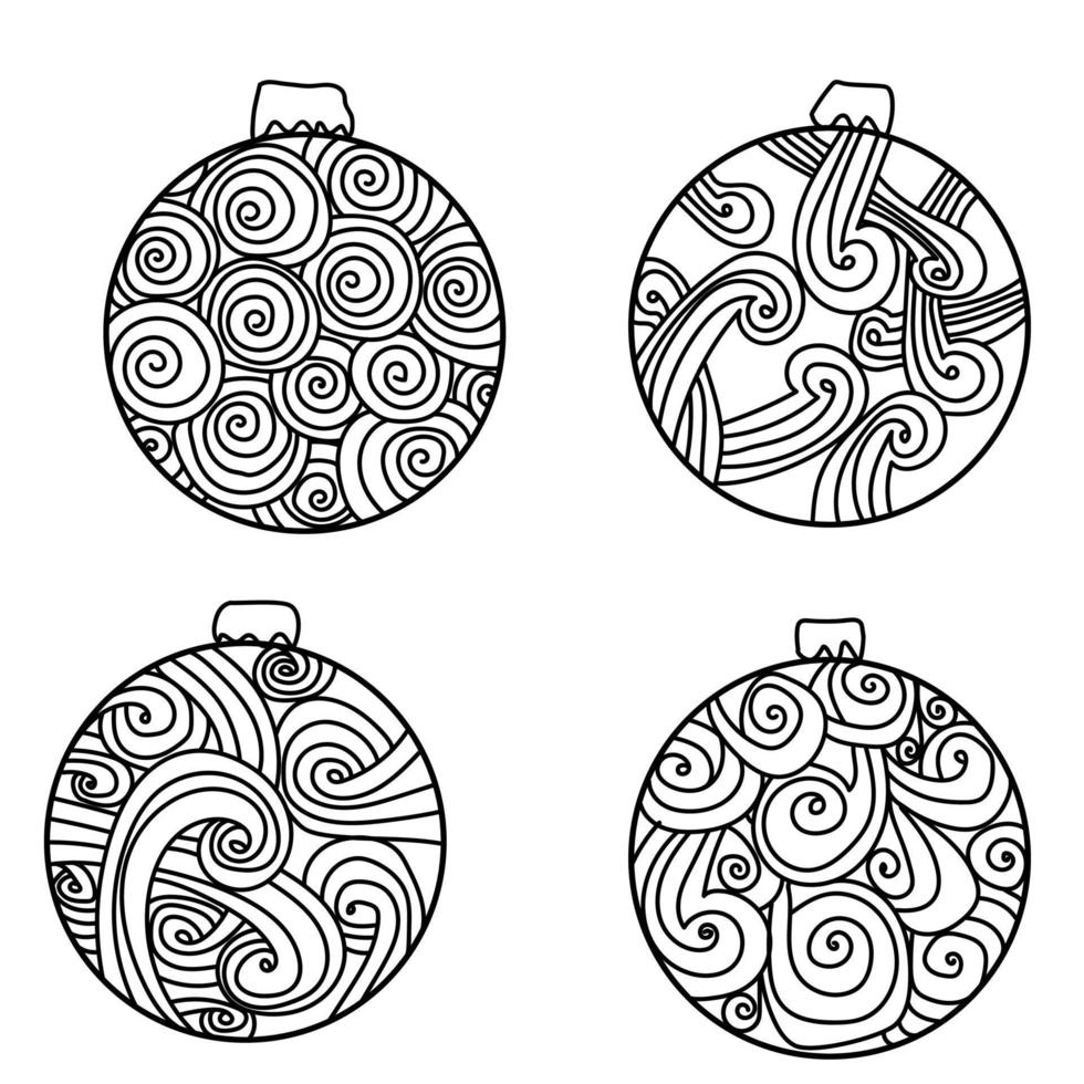 uppsättning doodle nyår boll, jul attribut, färga kontur element vektor