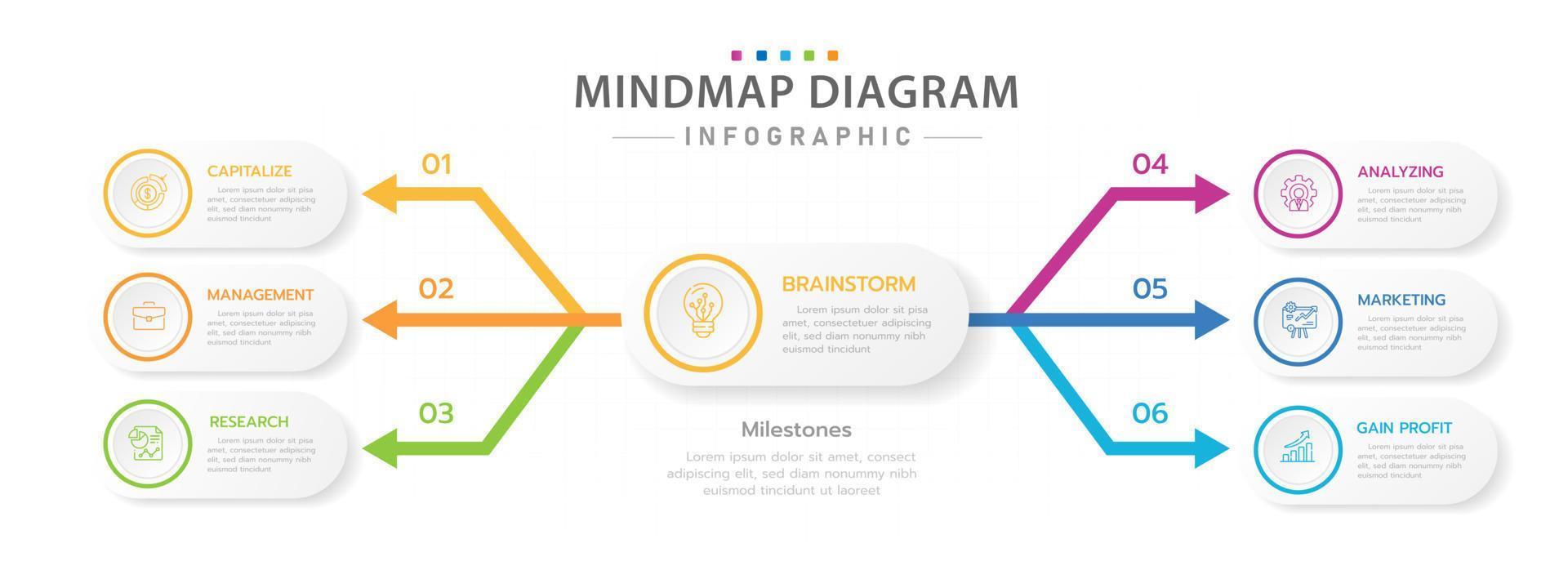 Infografik-Vorlage für Unternehmen. 6 Schritte modernes Mindmap-Diagramm mit Pfeilen, Präsentationsvektor-Infografik. vektor