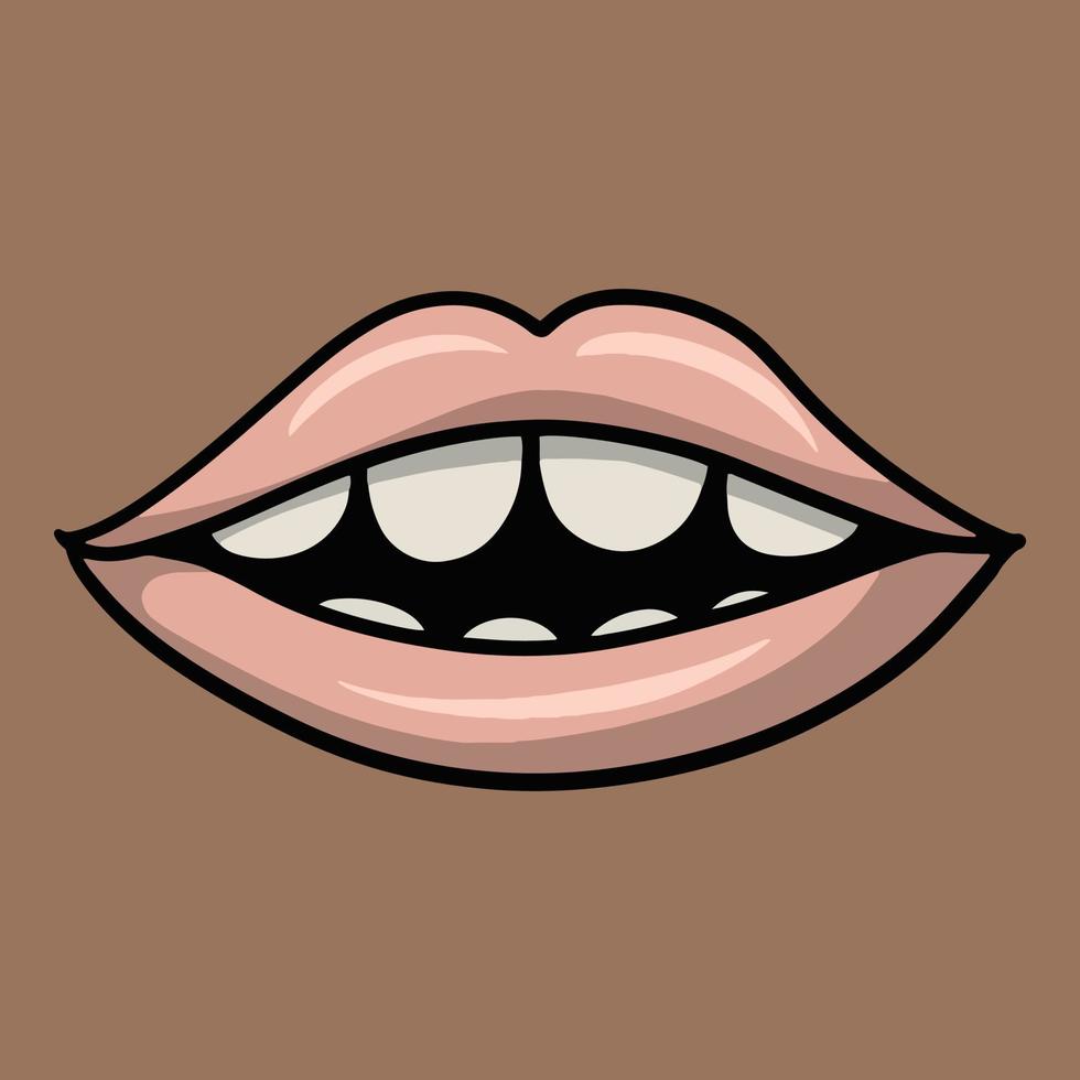söta rosa läppar med vita tänder på mörk hud, tecknad vektorillustration på brun bakgrund vektor