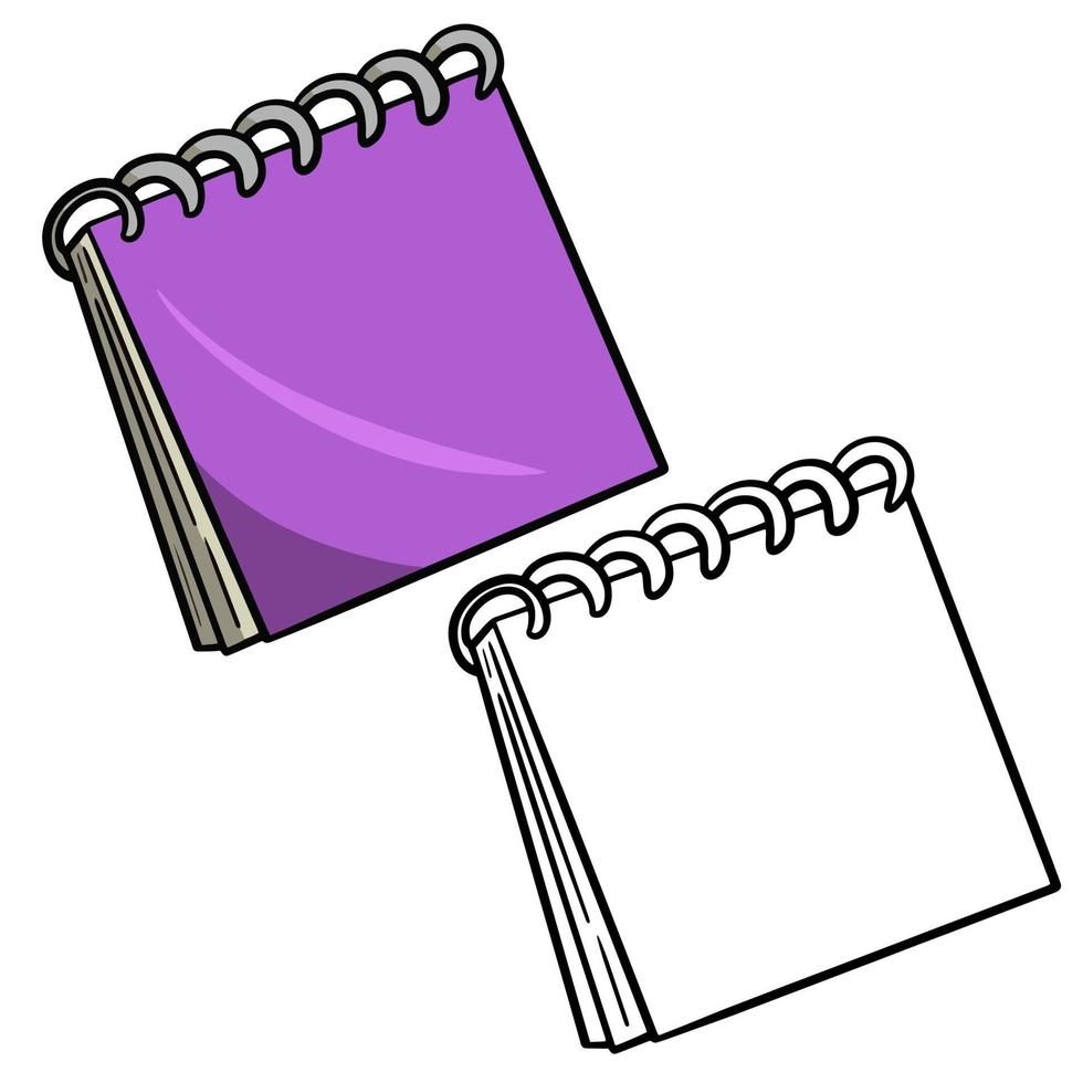 en uppsättning färg- och skissbilder. lila anteckningsbok på en fjäder, vektorillustration på en vit bakgrund, skolsamling vektor