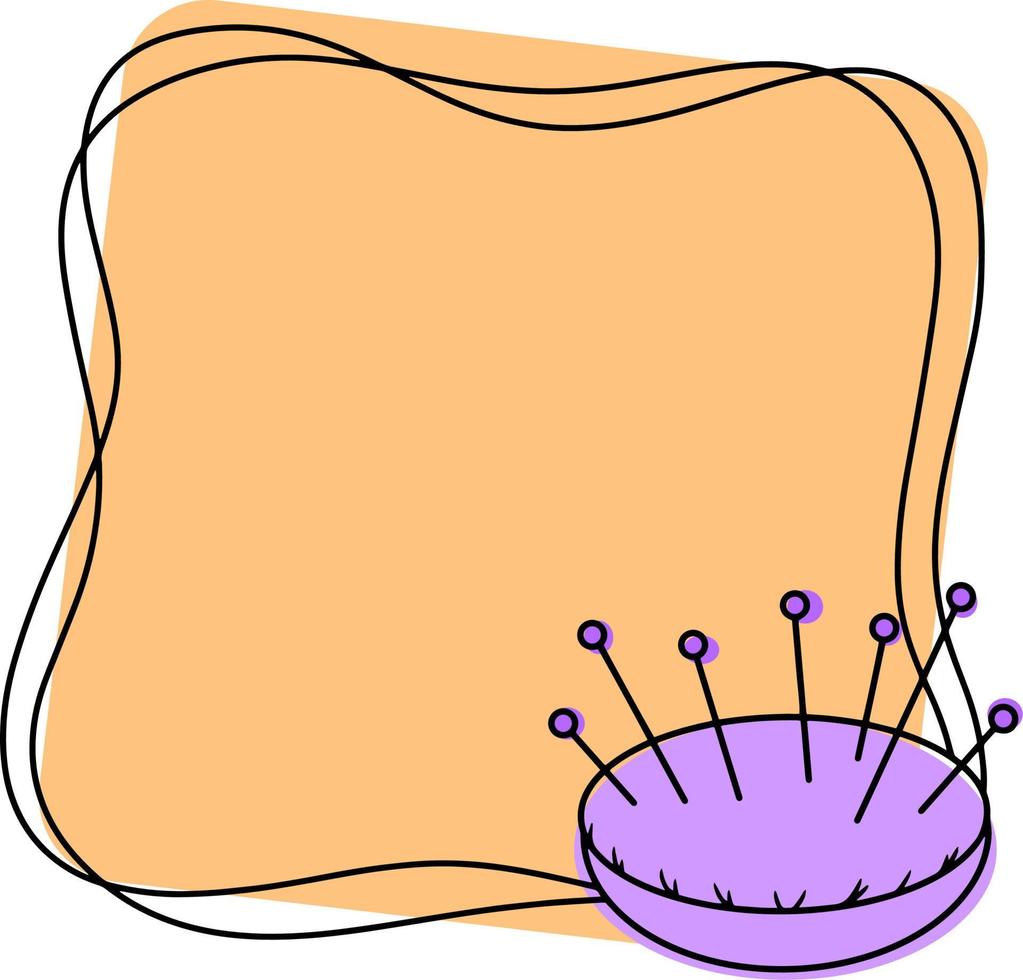 orangefarbener quadratischer Rahmen mit einem leeren Platz zum Einfügen, für Handarbeiten, lila Kissen für Nadeln, Zeichnen mit einer Linie vektor
