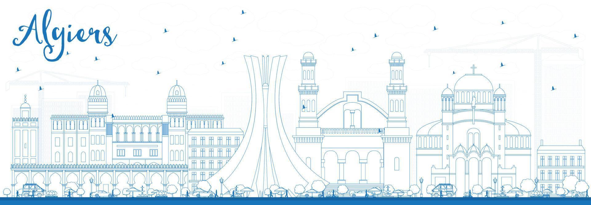 skissera algiers skyline med blå byggnader. vektor