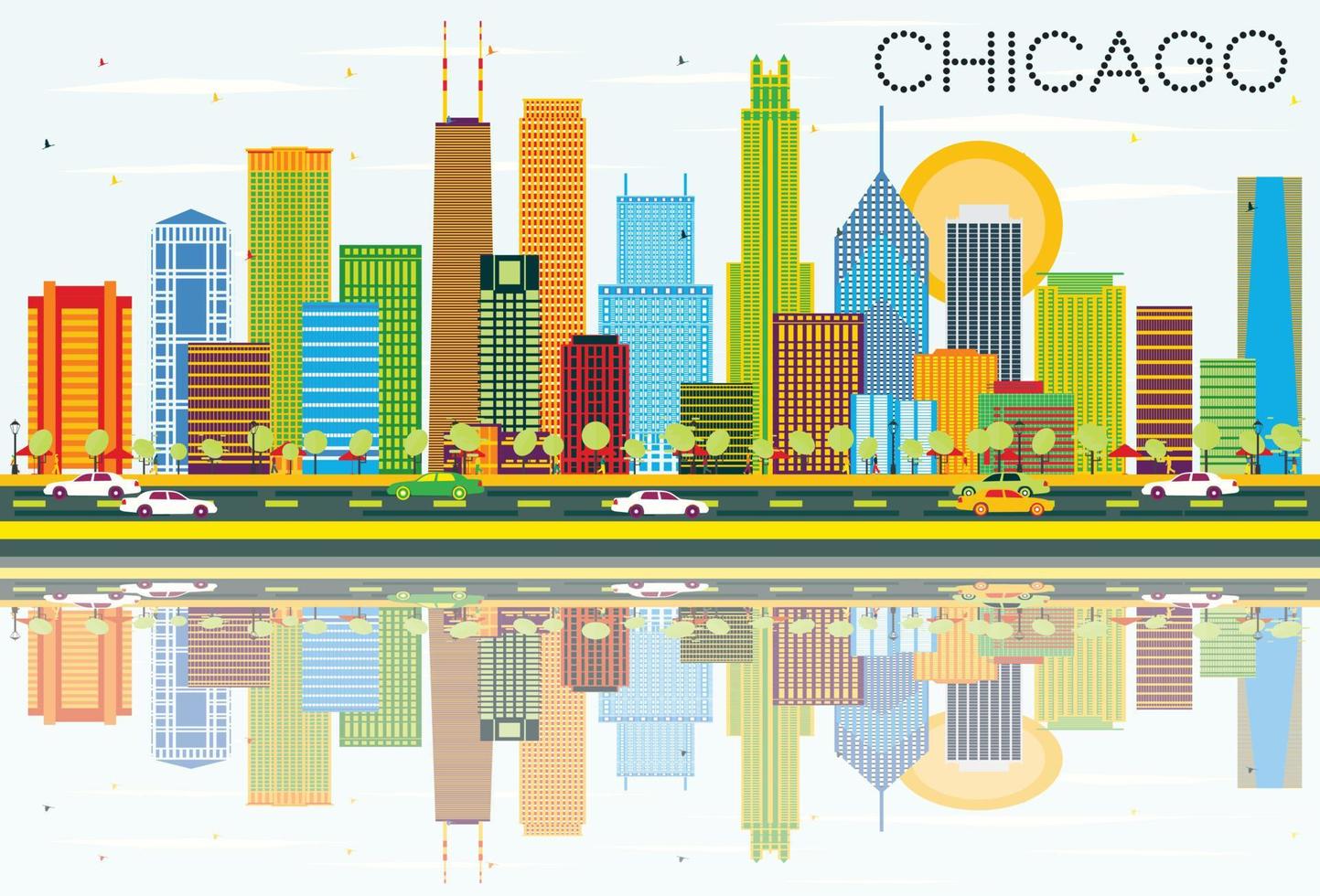 chicago skyline med färg byggnader och reflektioner. vektor