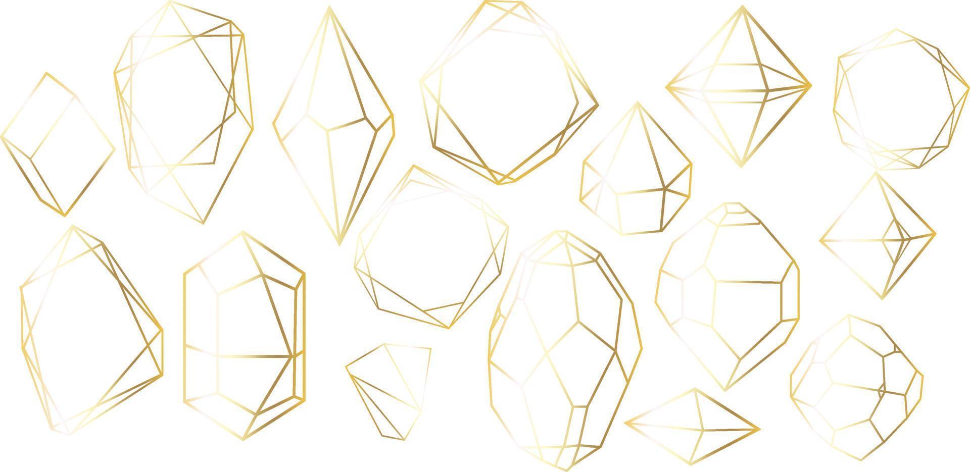 vektorset aus goldenen luxuskristalldiamanten formen. grenzkollektion für karte. geometrischer premium-glitzerhintergrund, polygonmosaikform amethyst edelstein quarz steinlinie kunststil vektor