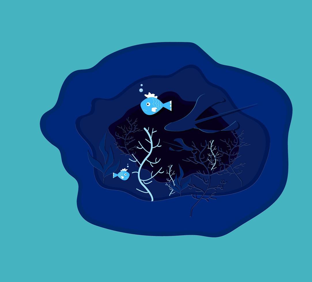 Unterwasserwelt mit Fischen, Rochen, Korallen und Algen. vektorillustration im geschnittenen papierstil. Kunst in Blautönen vektor