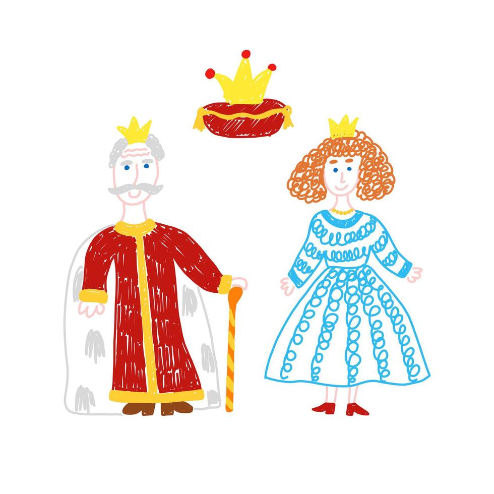 Königin und König. Königsfamilie aus Märchen. Kinderzeichnung. isolierte Vektorillustration vektor