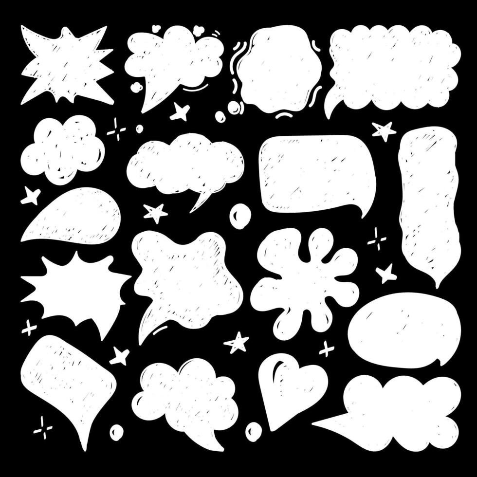 en uppsättning pratbubblor med handritade dialogord i doodlestil. olika former av tal för seriefigurer. vita silhuetter på svart bakgrund. talmönster. vektor