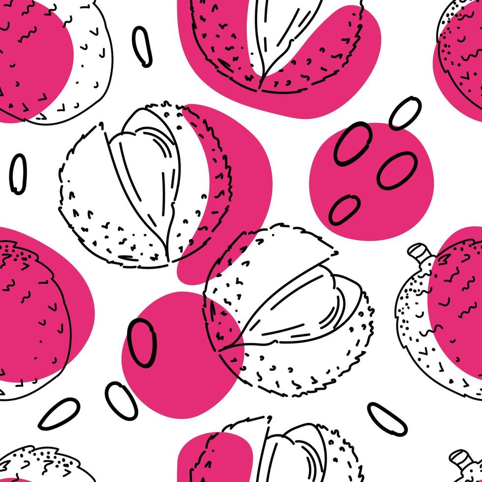 sömlös teckning av en exotisk litchifrukt och en handritad fläck i skissstil. litchi. abstrakta rosa fläckar. frukt. vektor enkel illustration