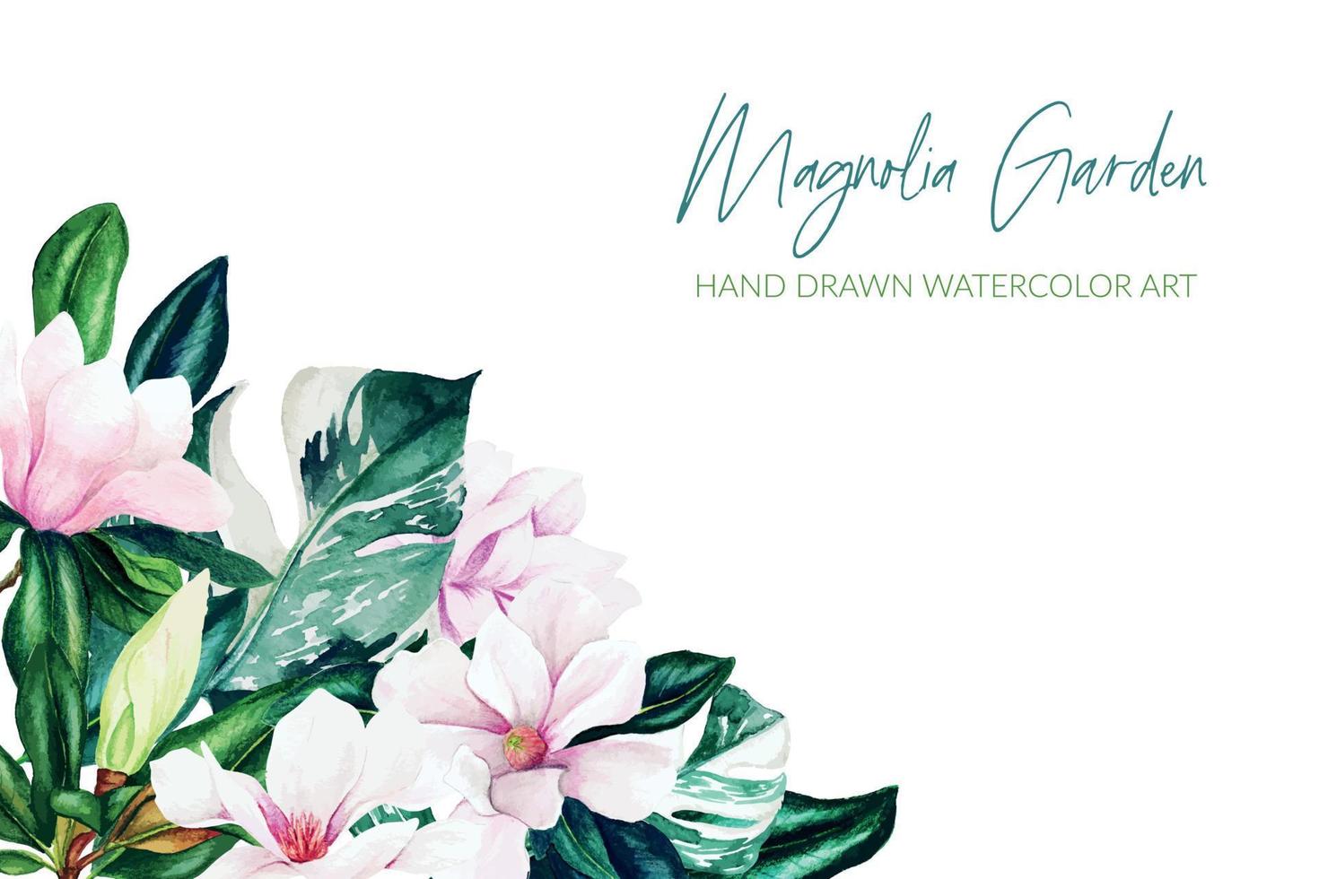 akvarell magnolia blad och blommor, ljusa färger, hörn ram, handritad vektorillustration vektor