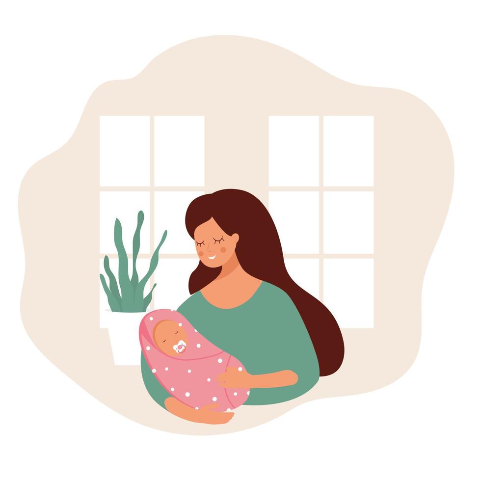 eine junge Frau, die zu Hause ein Baby im Arm hält. ein neugeborenes mädchen in einer windel mit einem schnuller. Vektor-Illustration vektor