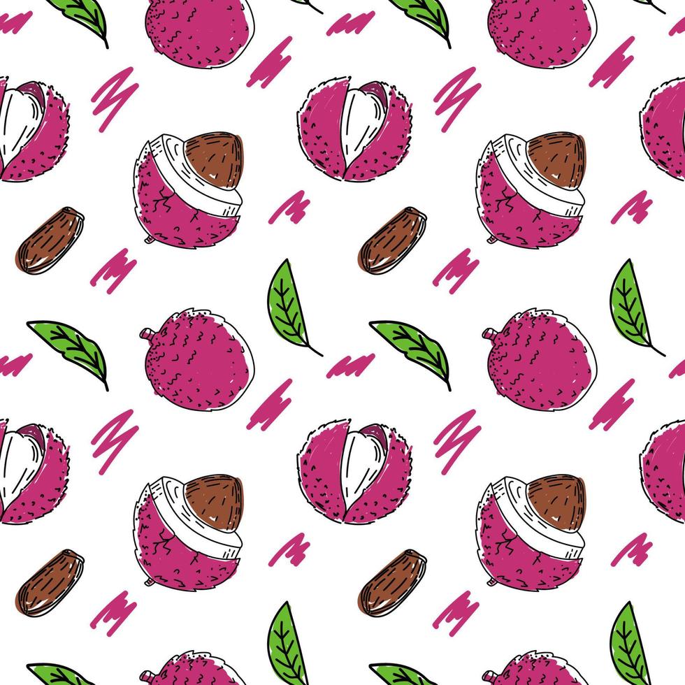 seamless mönster av exotisk litchi frukt handritad skiss stil doodle. litchi. frukt och blad. frukt. vektor enkel illustration
