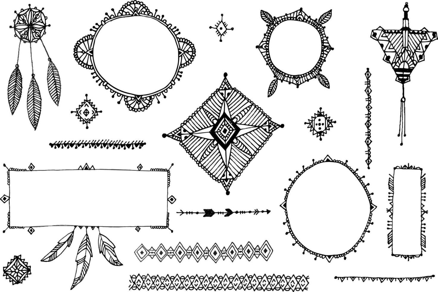 vektor dekor set, samling av handritade doodle boho stil avdelare, gränser, pilar, designelement, drömfångare. isolerat. kan användas för bröllopsinbjudningar, födelsedagskort, banderoller