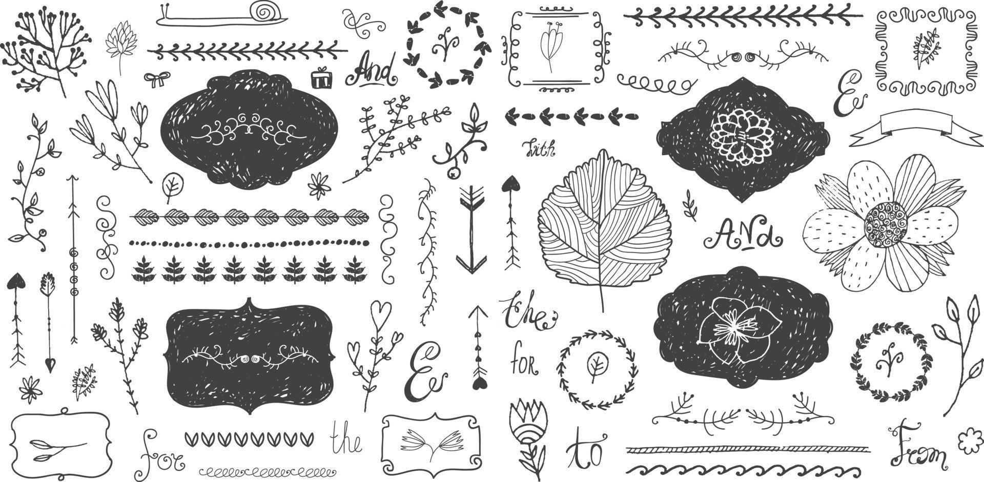 vektor uppsättning av blommig dekor, handritade doodle ramar, avdelare, gränser, element. isolerat. romantisk vintage samling