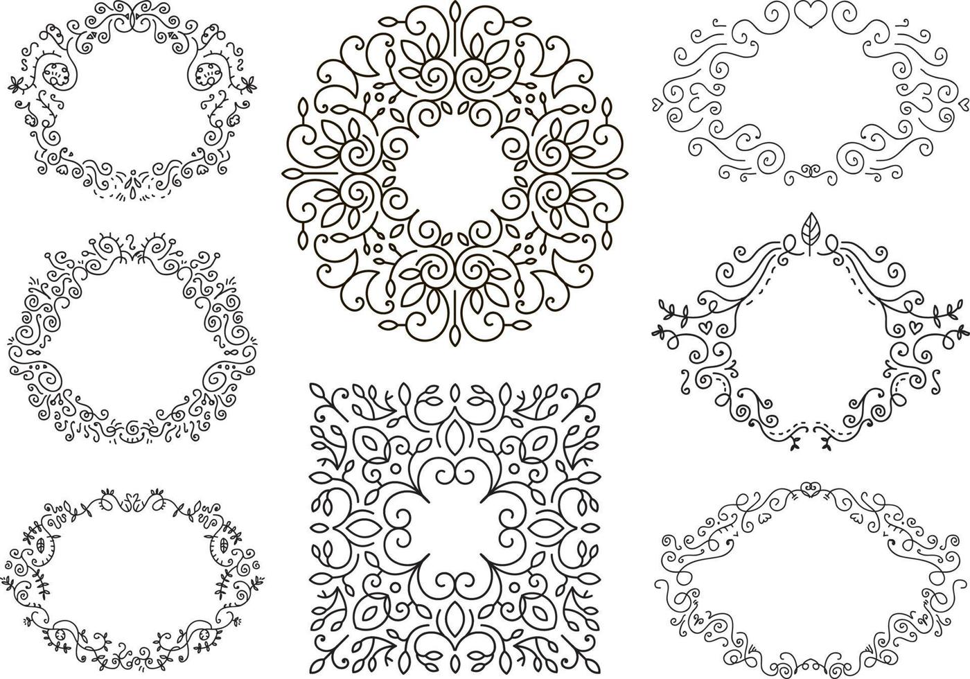uppsättning vektor doodle handritad blommig svart vintage ramar