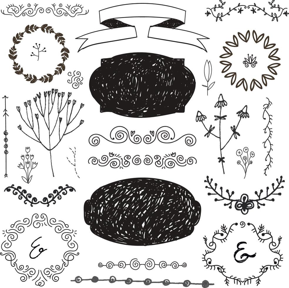 vektor uppsättning av blommig dekor, handritade doodle ramar, avdelare, gränser, element. isolerat. romantisk vintage samling