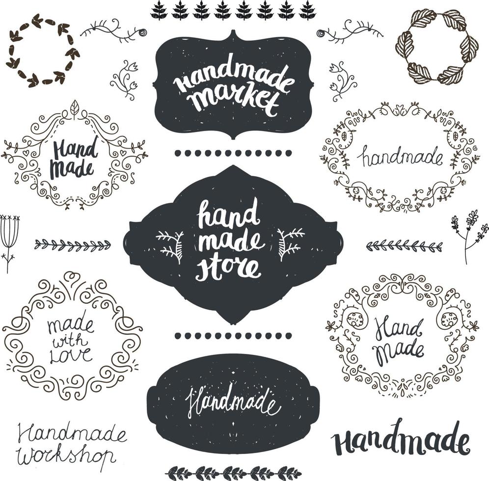 vektor uppsättning handritade doodle ramar, märken. handgjorda, verkstad, handgjorda butik grafisk design set. konst och hantverk, ikoner, logotyper, märken som isolerade, bokstäver