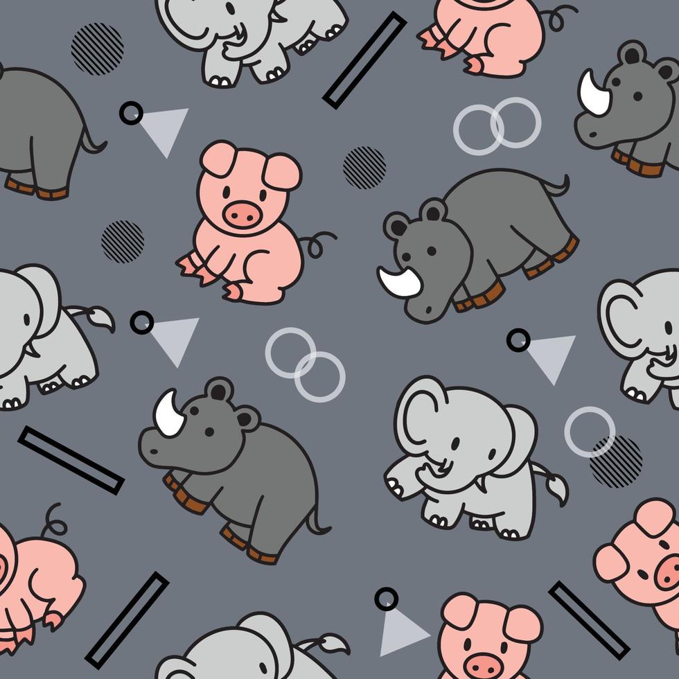 söta djur gris elefant noshörning sömlösa mönster doodle för barn och baby vektor