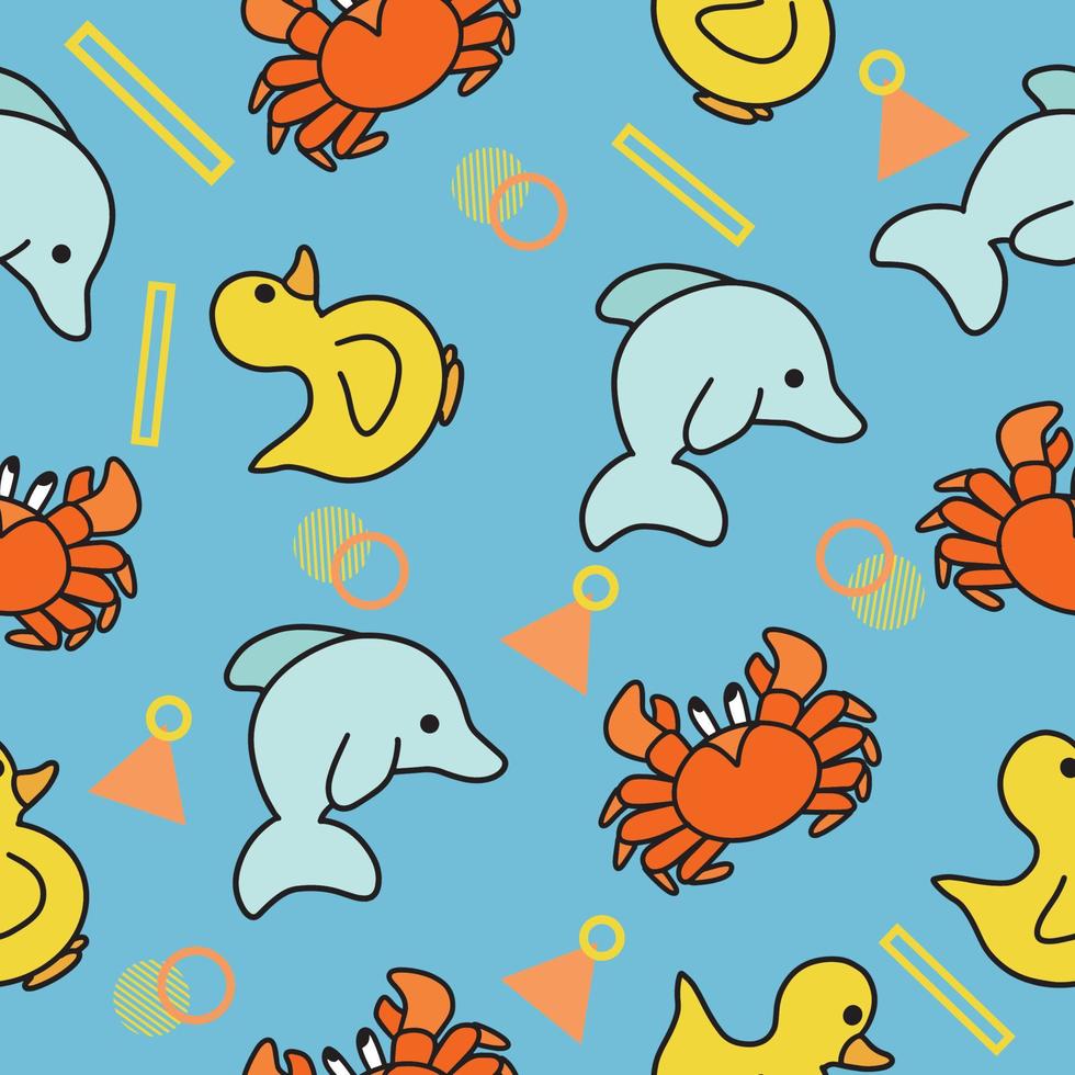 söta djur anka delfin och krabba sömlösa mönster doodle för barn och baby vektor