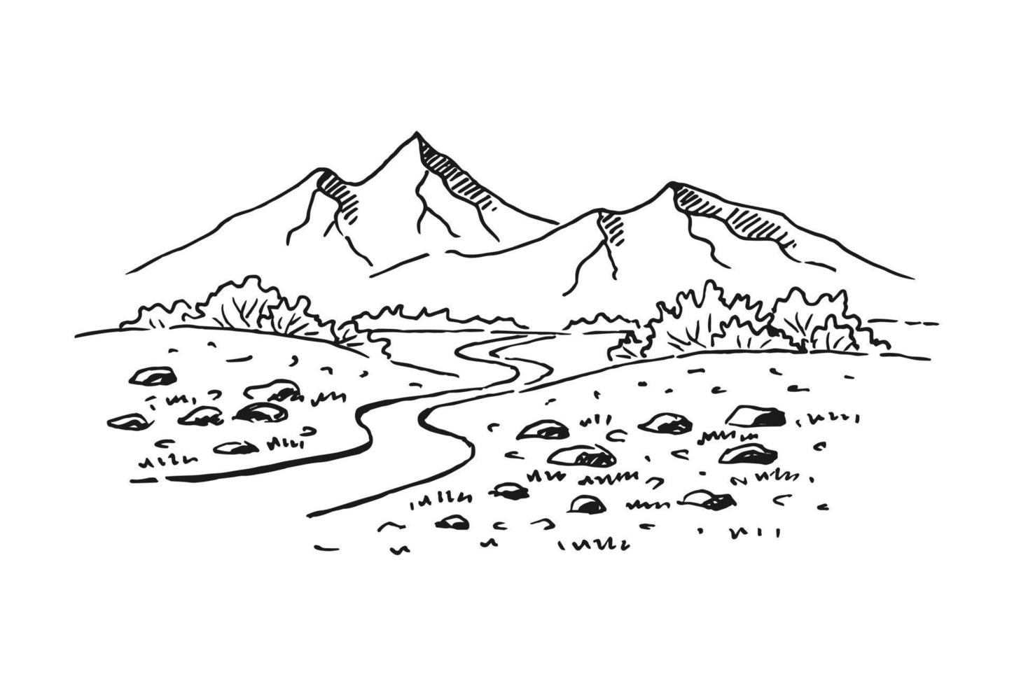 Landschaft mit Bergen und Wald. handgezeichnete illustration in vektor umgewandelt.