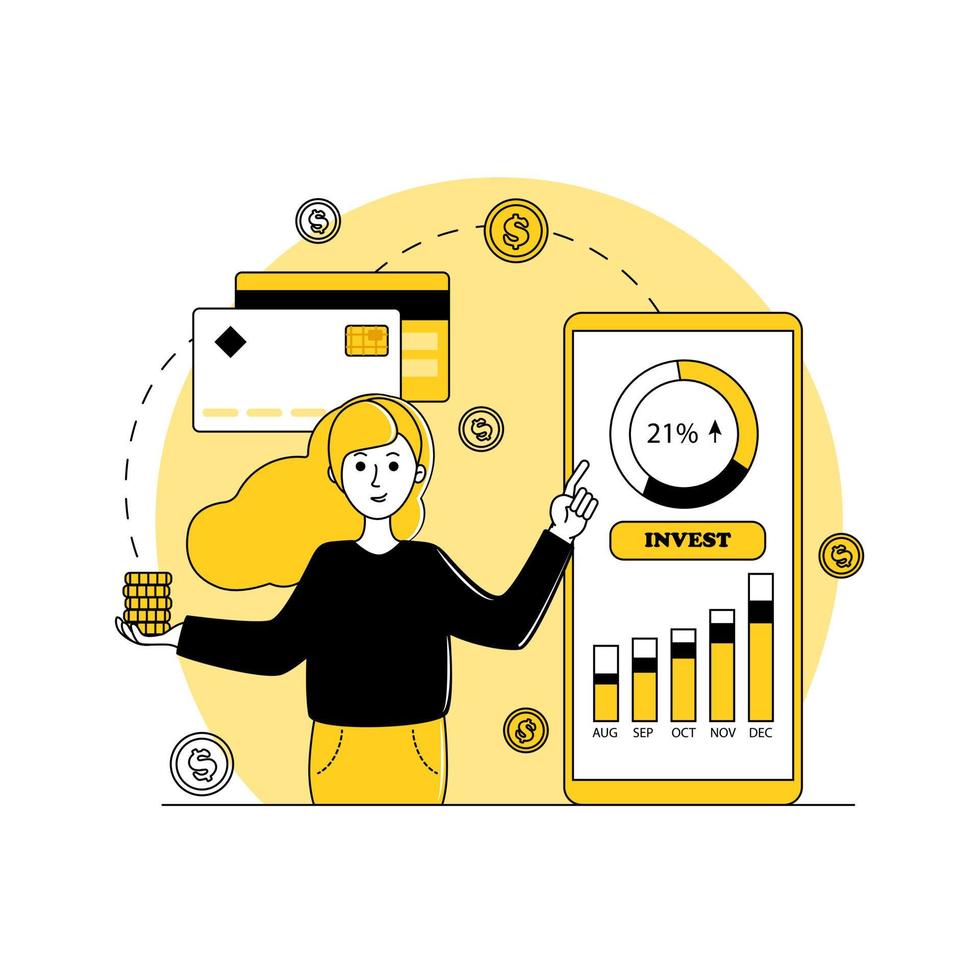 telefon med en investeringsapplikation, kvinna med mynt i handen, investerar pengar online. infografik. vinst, tjäna pengar, finans app, affärer, investeringskoncept vektor