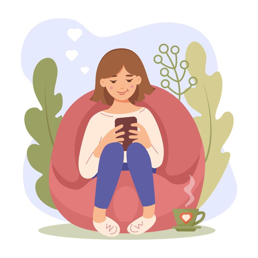 Mädchen schaut auf das Telefon und sitzt in einem weichen roten Sessel. Frau verbringt Zeit in sozialen Netzwerken. gemütliches interieur des hauses. Online-Kommunikation, Freizeit, Erholung vektor