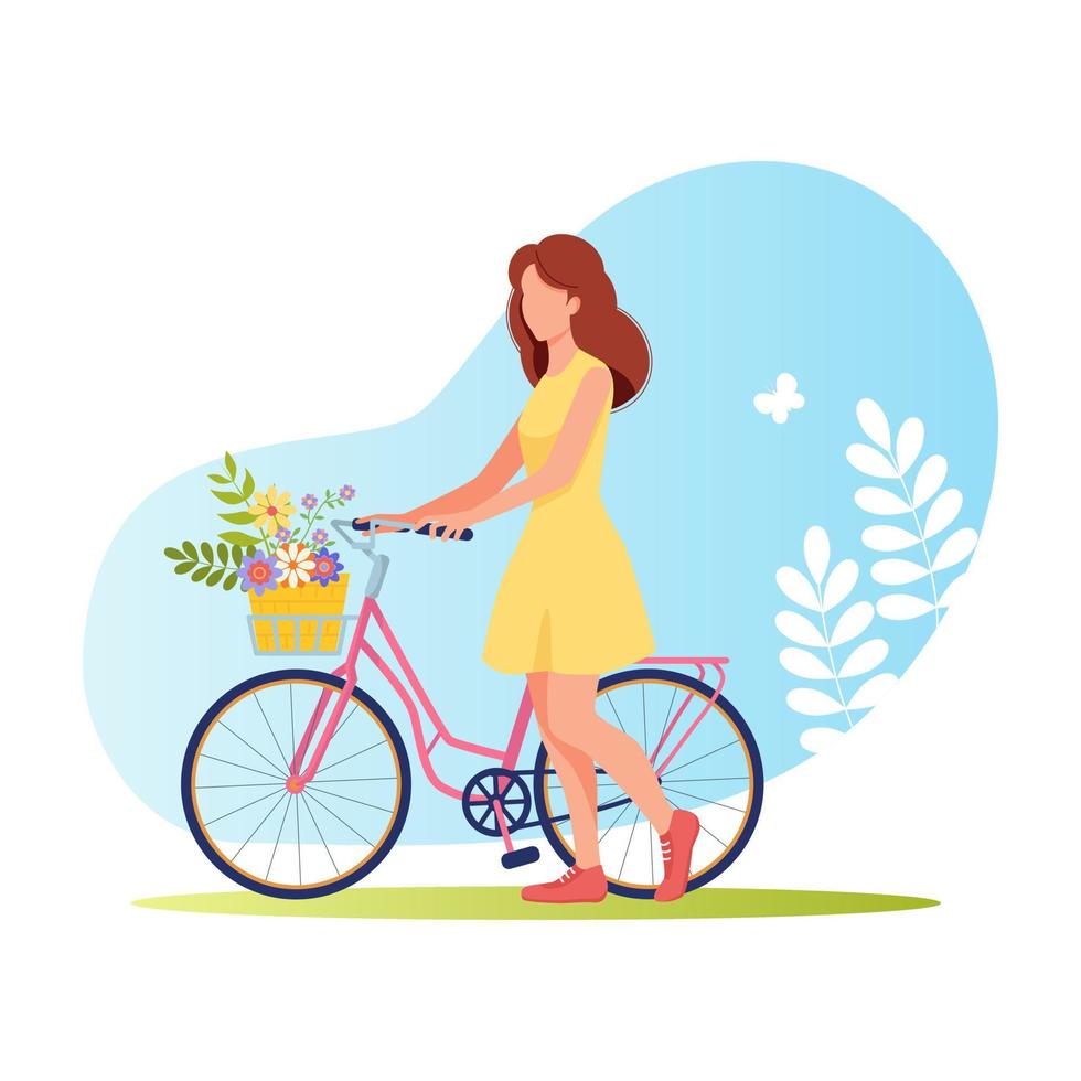 junges Mädchen im Sommerkleid mit Fahrrad, mit Blumenkorb. Radfahren in der Natur. charmante rothaarige frau im gelben kleid fährt fahrrad vektor