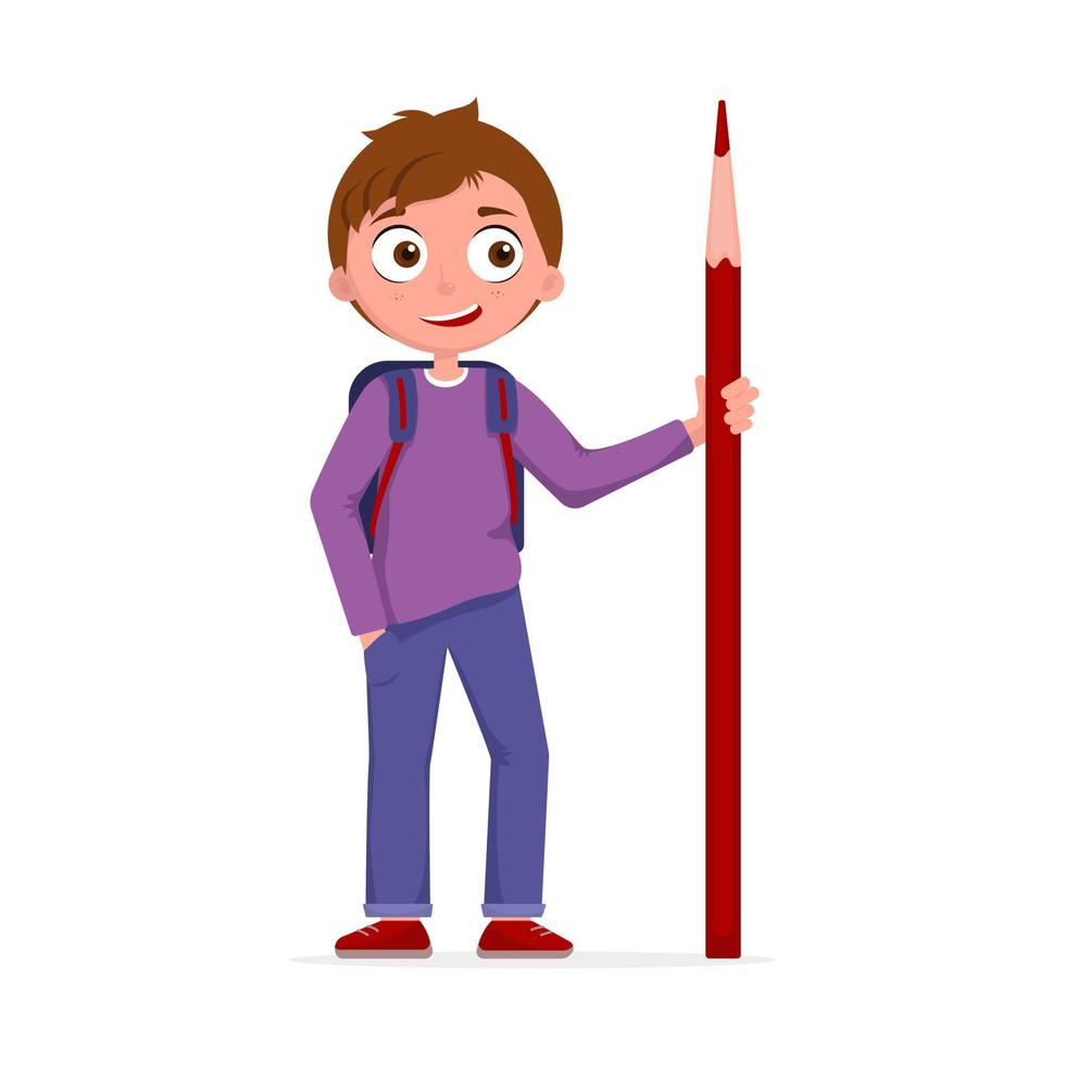 Schüler mit Rucksack hält Bleistift. zurück zur Schule. Tag des Wissens. Lehrertag. süßer Junge in Schuluniform. Bildung vektor