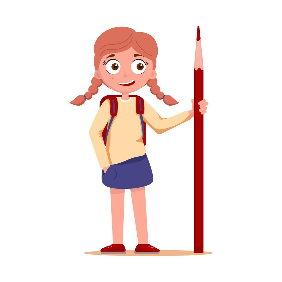 Schulmädchen im Rock mit Rucksack hält Bleistift. zurück zur Schule. Tag des Wissens. Lehrertag. süßes Mädchen in Schuluniform. Bildung vektor