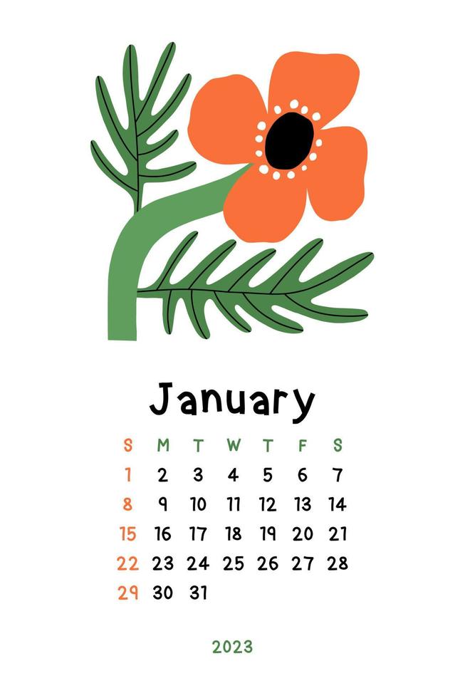 vacker blomkalender - 2023. botanisk utskrivbar vektormall. månadskalender med handritad blomma. vektor