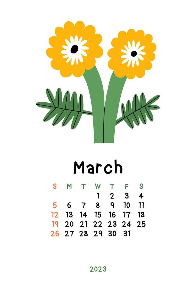 vacker blomkalender - mars 2023. botanisk utskrivbar vektormall. månadskalender med handritad blomma. vektor