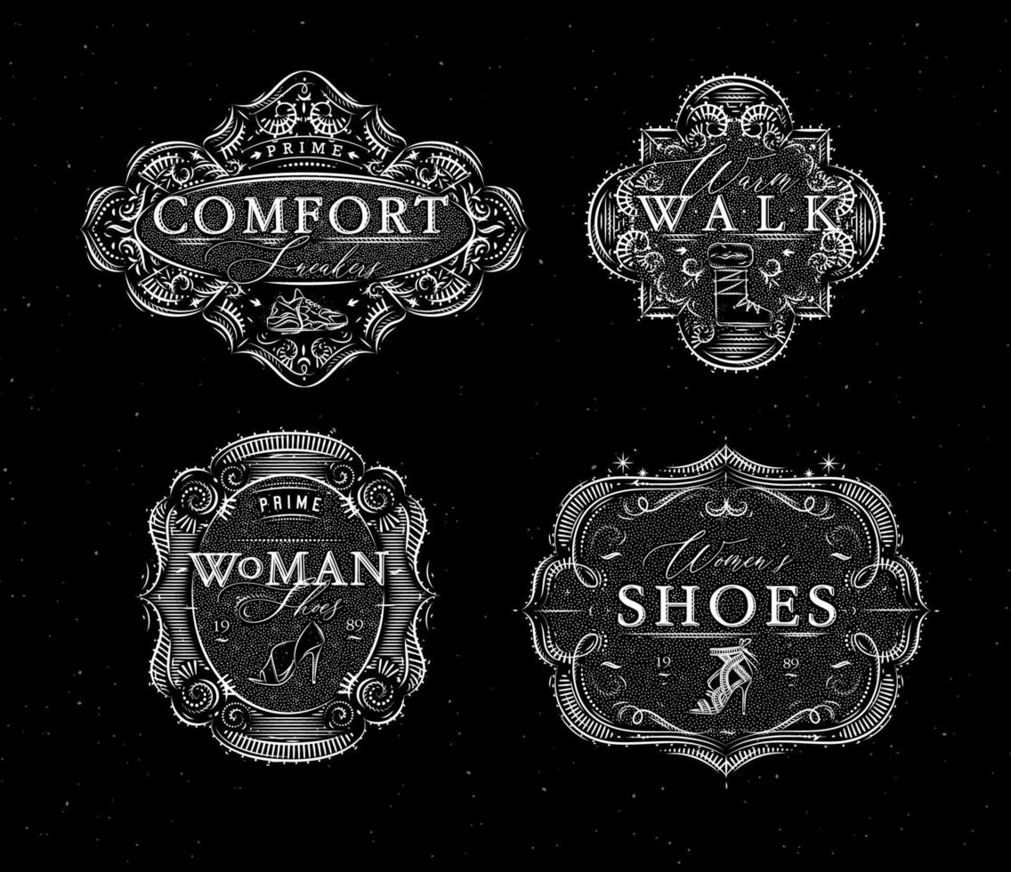 skor etiketter vintage med inskriptioner komfort sneakers, varm promenad, kvinna skor ritning i retrostil på svart bakgrund vektor