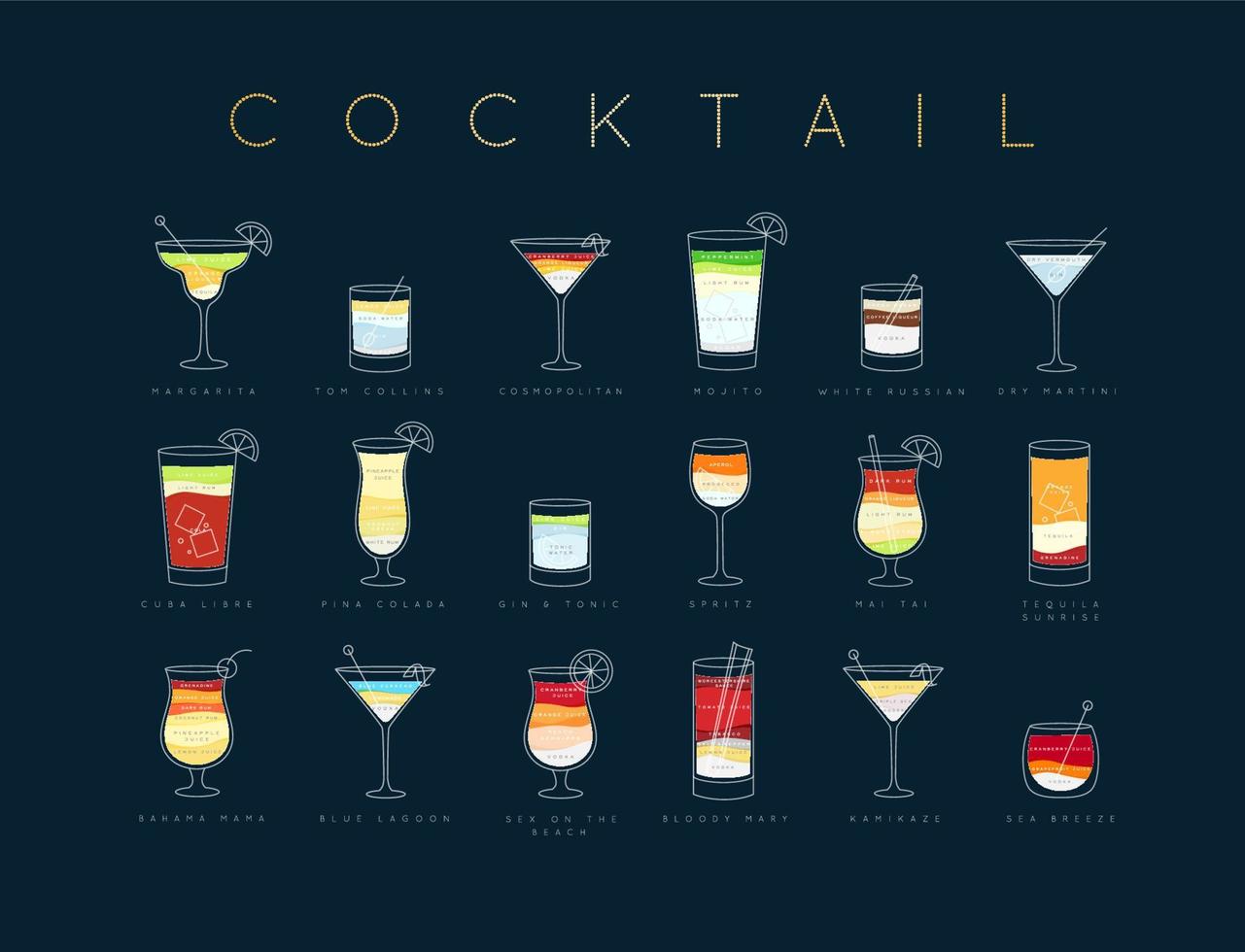 posterflache cocktailkarte mit glas, rezepten und namen von cocktailgetränken, die horizontal auf dunkelblauem hintergrund zeichnen vektor