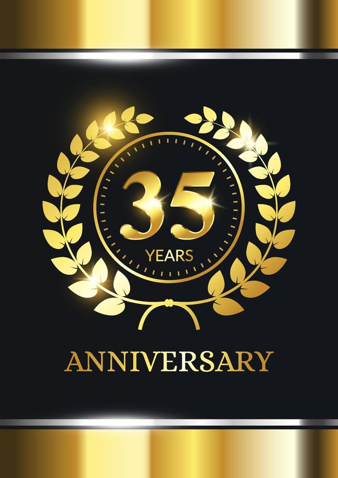 35 års jubileumsfirande. lyx firande mall med gyllene dekoration på svart bakgrund. elegant vektormall för inbjudningskort, fest, gratulationskort och annat. vektor
