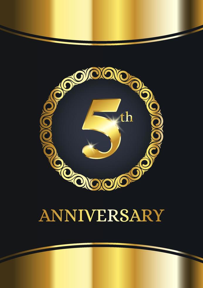 5-årsfirande. lyx firande mall med gyllene dekoration på svart bakgrund. elegant vektormall för inbjudningskort, fest, gratulationskort och annat. vektor