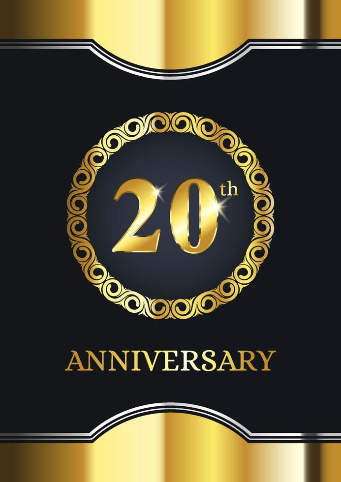Feier zum 20-jährigen Jubiläum. luxusfeierschablone mit goldener dekoration auf schwarzem hintergrund. elegante Vektorvorlage für Einladungskarte, Feier, Grußkarten und andere. vektor