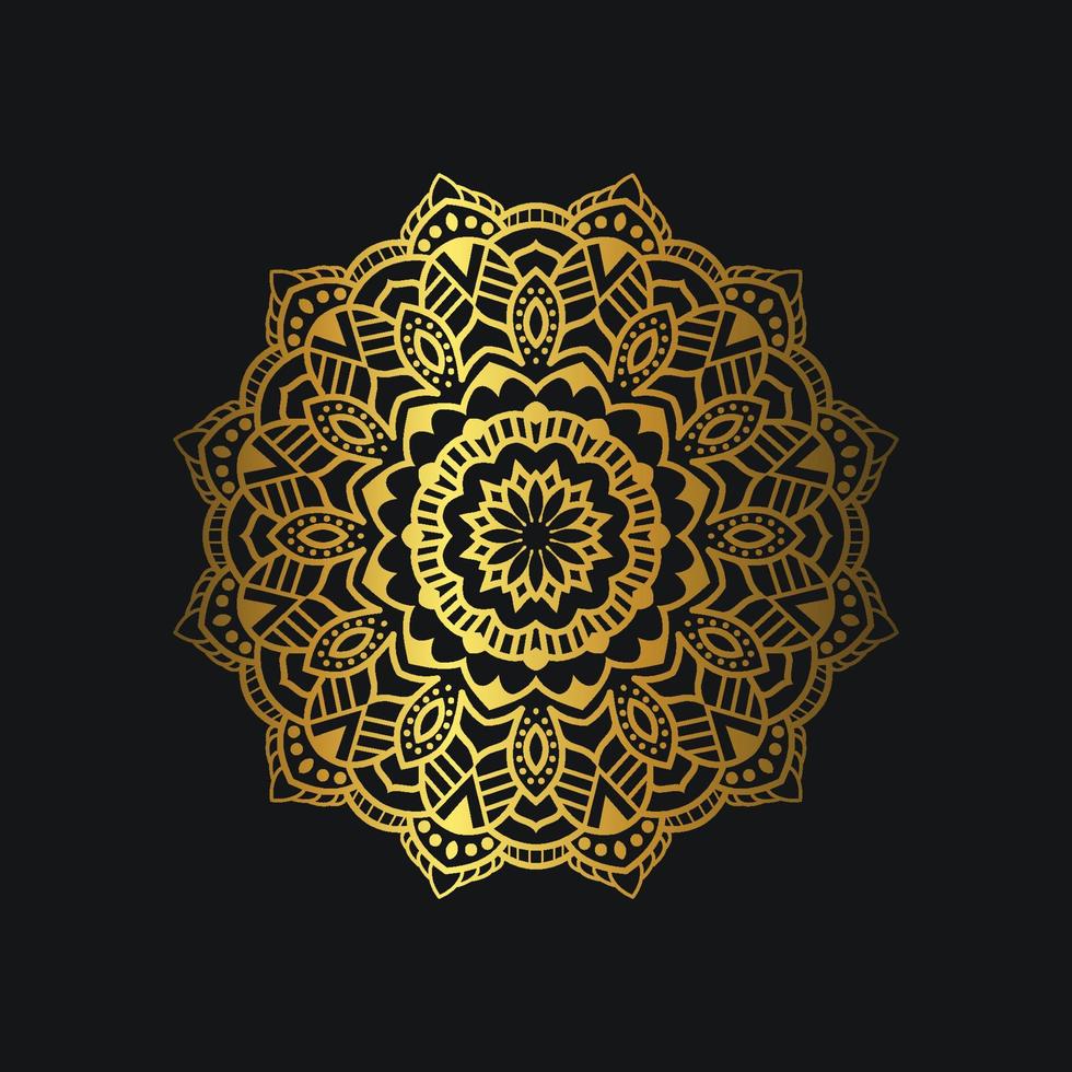 Luxus-Mandala-Design mit goldener Farbe. deluxe goldene blumenverzierung auf schwarzem hintergrund. geeignet für grafische Ressourcen, Hochzeitseinladungen, Visitenkarten, Tapeten. vektor