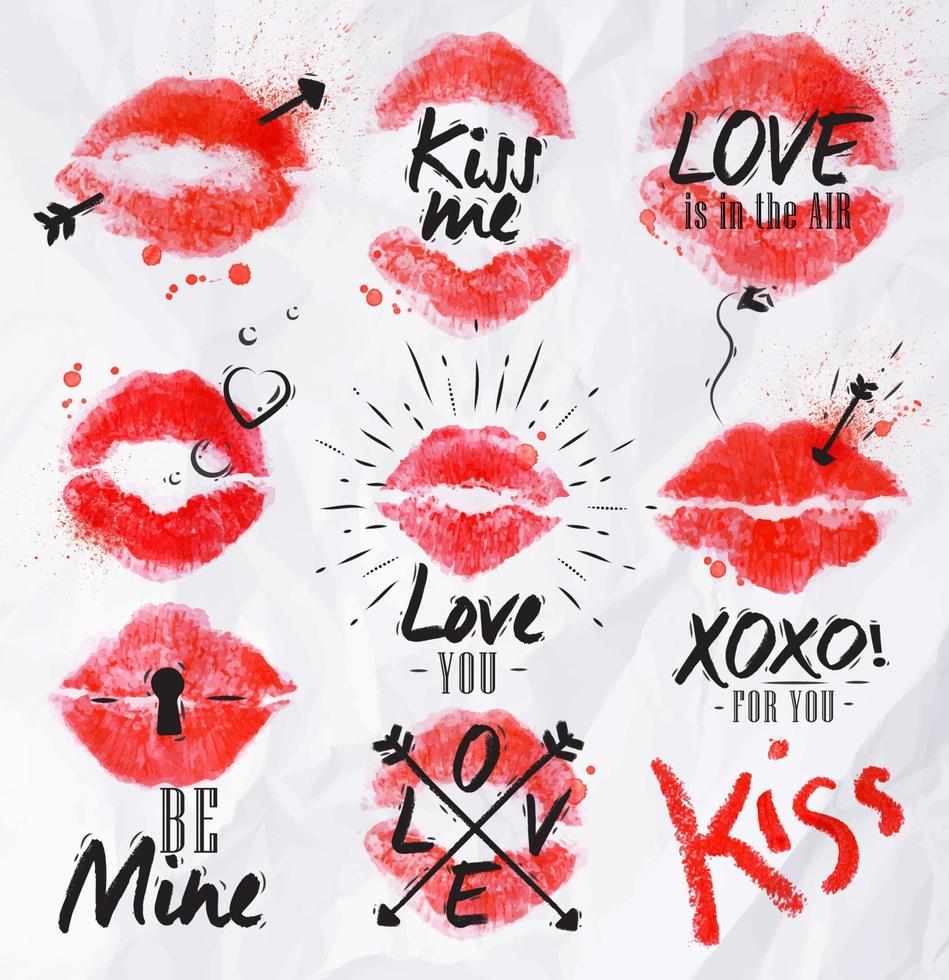 läppstift kyss tecken trycker röda läppar bokstäver om kärlek vektor
