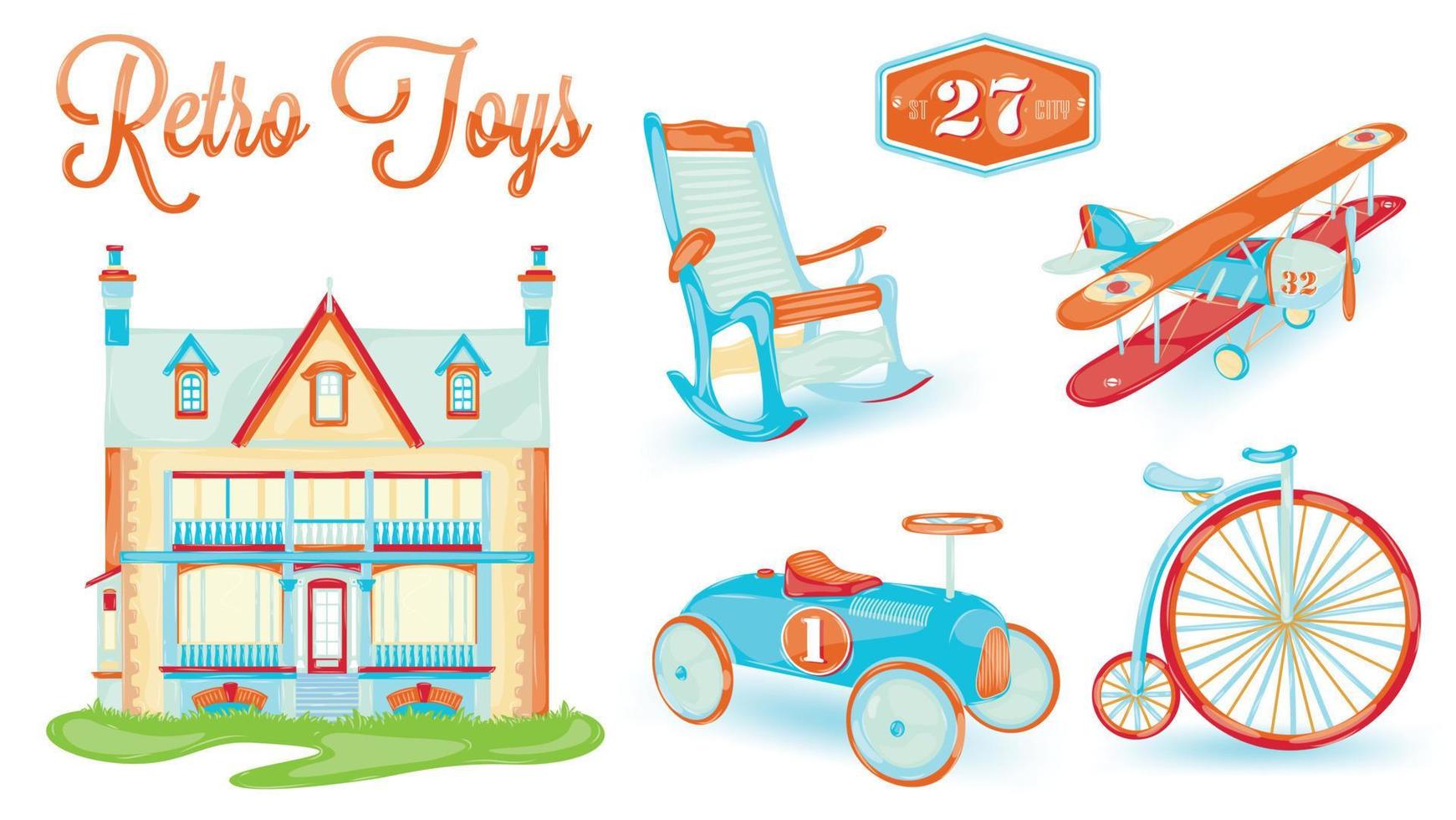 Retro-Spielzeugpuppenhaus, Fahrrad, Auto, Flugzeug, Stuhl, stilisiertes Vintage-Spielzeug, Baby vektor