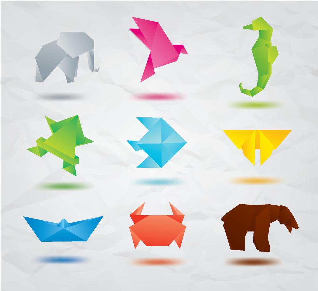 Reihe von Origami-Tiersymbolen Elefant, Vogel, Seepferdchen, Fisch, Schmetterling, Bär, Krabbe, Fisch vektor