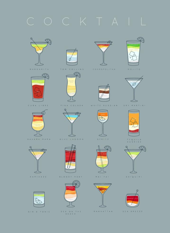 Stellen Sie Poster flache Cocktailkarte mit Glas, Rezepten und Namen von Cocktailgetränken ein, die auf graublauem Hintergrund zeichnen vektor