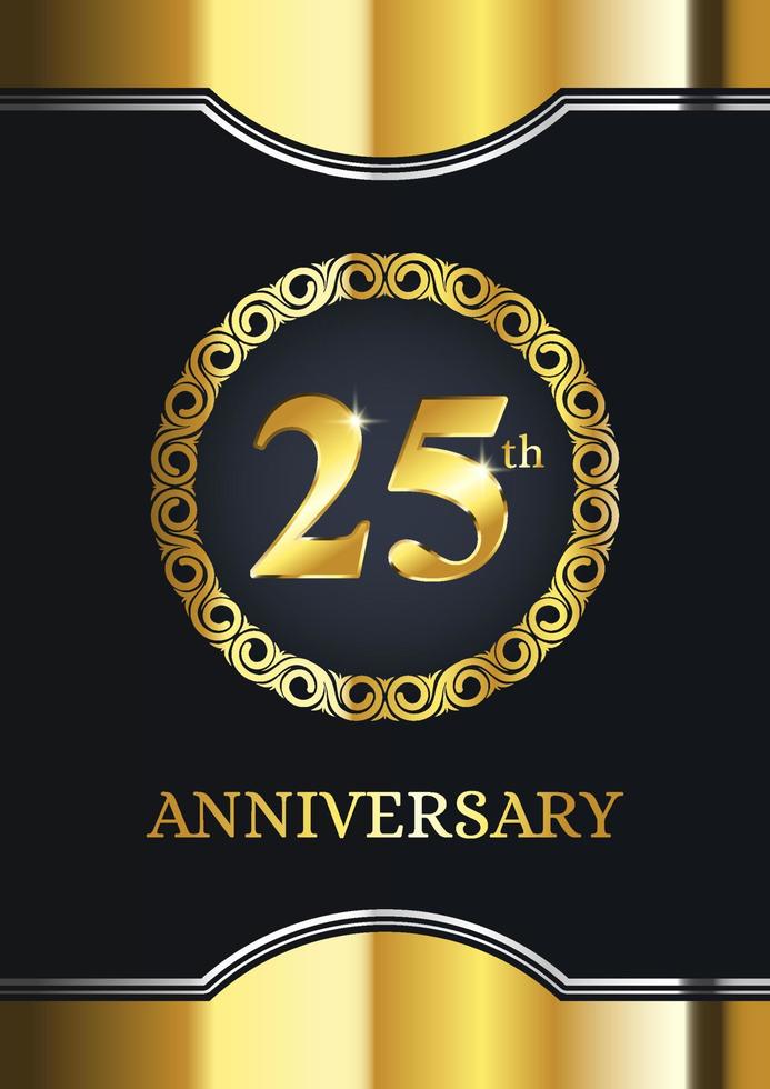25-årsfirande. lyx firande mall med gyllene dekoration på svart bakgrund. elegant vektormall för inbjudningskort, fest, gratulationskort och annat. vektor