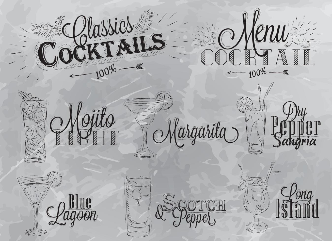 uppsättning cocktailmeny i vintagestil stiliserad teckning i kol på grå bakgrund, mojito cocktails med illustrerad, den blå lagunen margarita scotch vektor