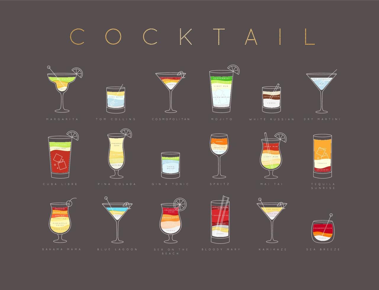 posterflache cocktailkarte mit glas, rezepten und namen von cocktailgetränken, die horizontal auf braunem hintergrund zeichnen vektor