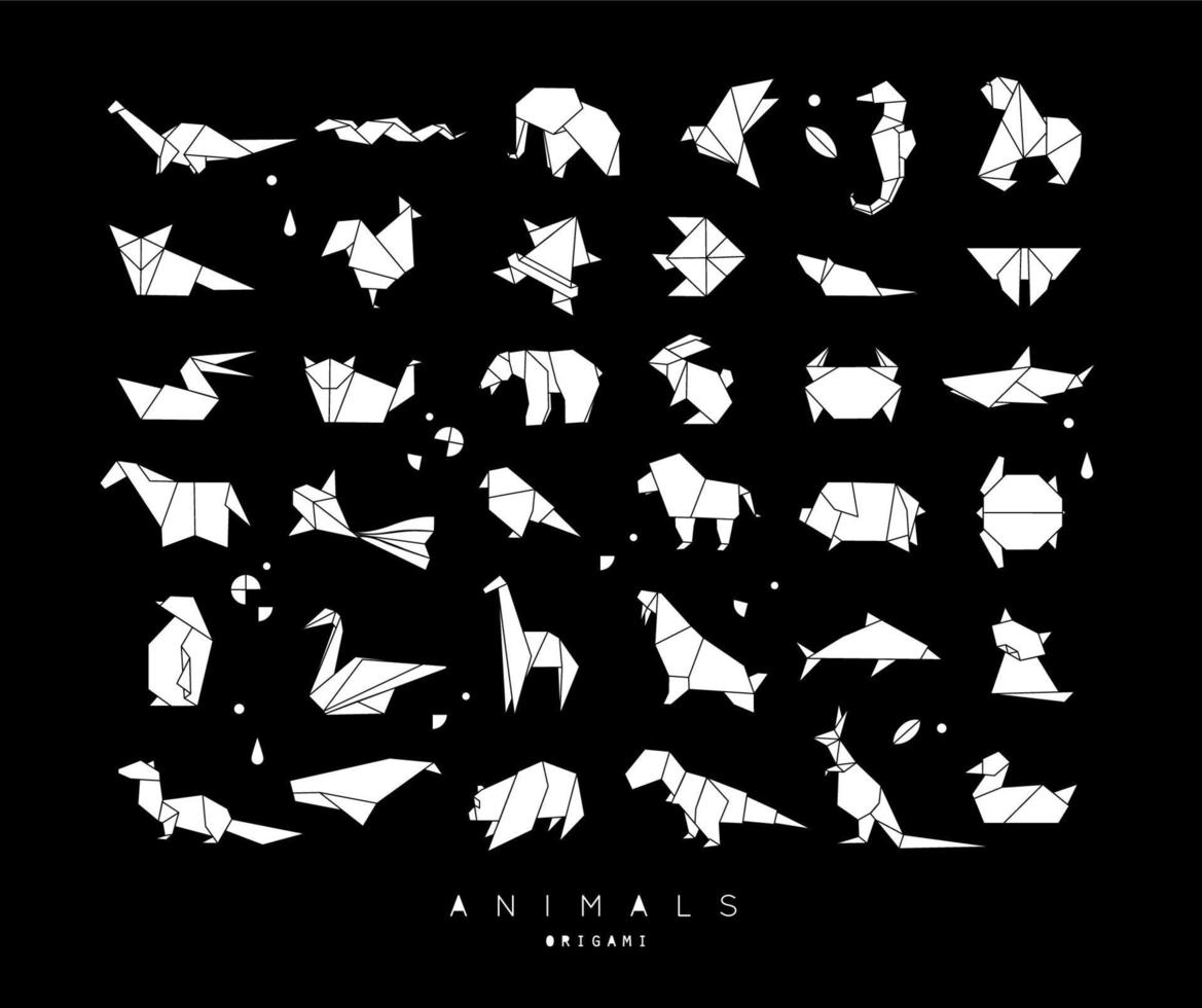 uppsättning djur i platt stil origami origam, elefant, fågel, sjöhäst, groda, räv, mus, fjäril, pelikan, varg, björn, kanin, krabba apa gris sköldpadda känguru på svart bakgrund vektor