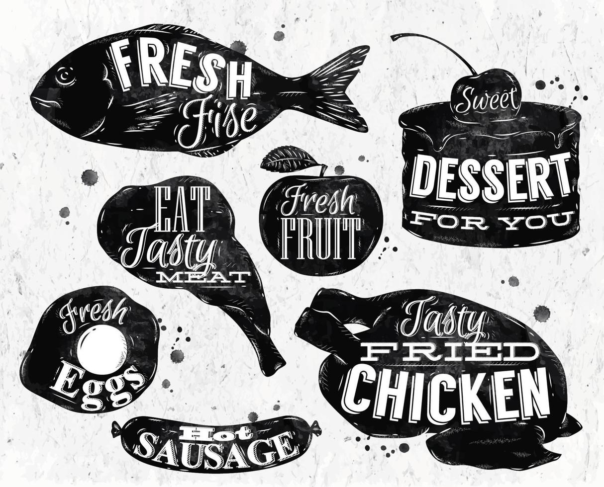 essen symbol im retro vintage in kreidebeschriftung pan eier, apfel, huhn, kuchen, fisch, fleisch, wurst vektor