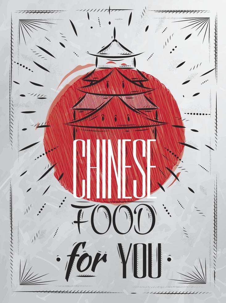 affisch kinesisk mat i retrostil bokstäver hus, stiliserad ritning med kol på tavlan vektor