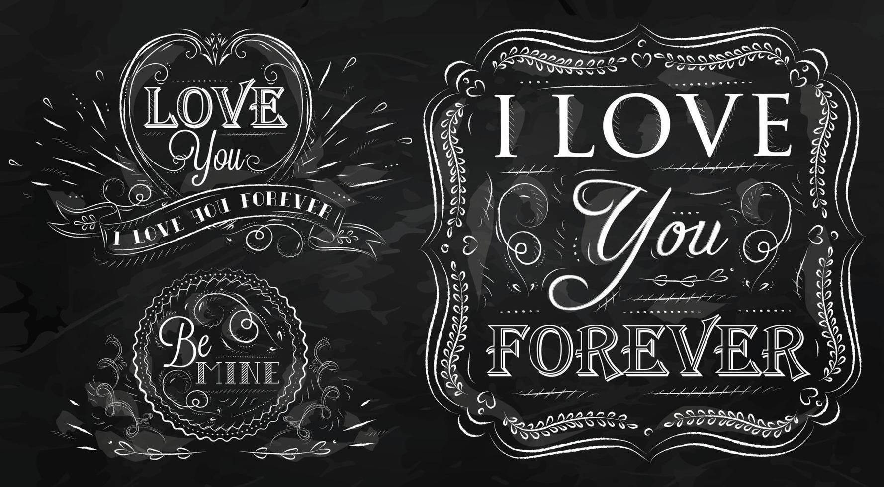 krita designelement på teman av kärlek stiliserad teckning med krita på tavlan på en svart bakgrund vektor